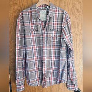 Men's Guess Plaid Button-Up Shirt in Gray, Red & Blue